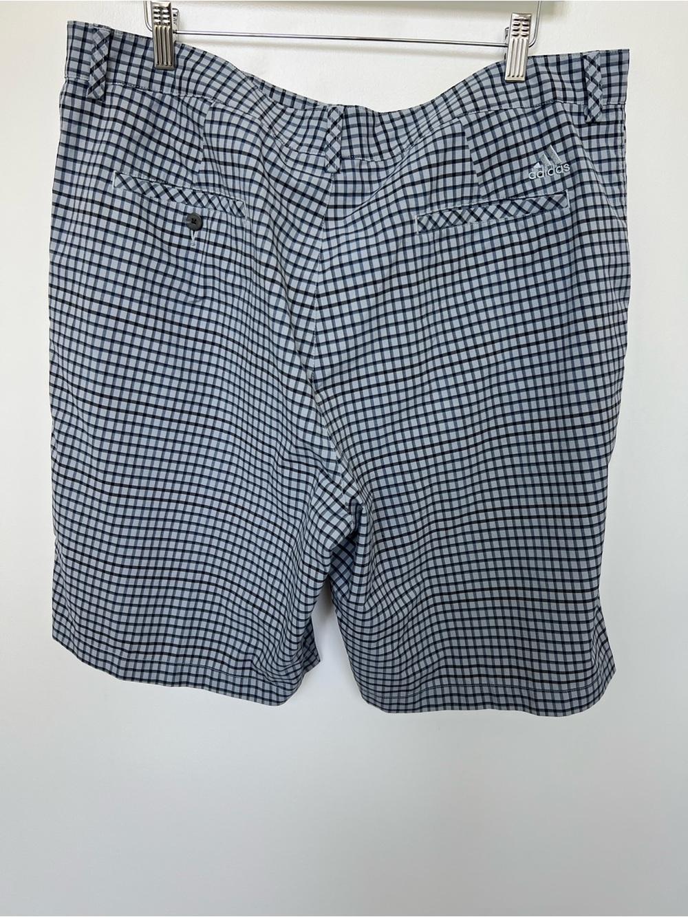 adidas Men's Light Blue and Navy Check Flat Front golf Shorts - Picture 3 of 4